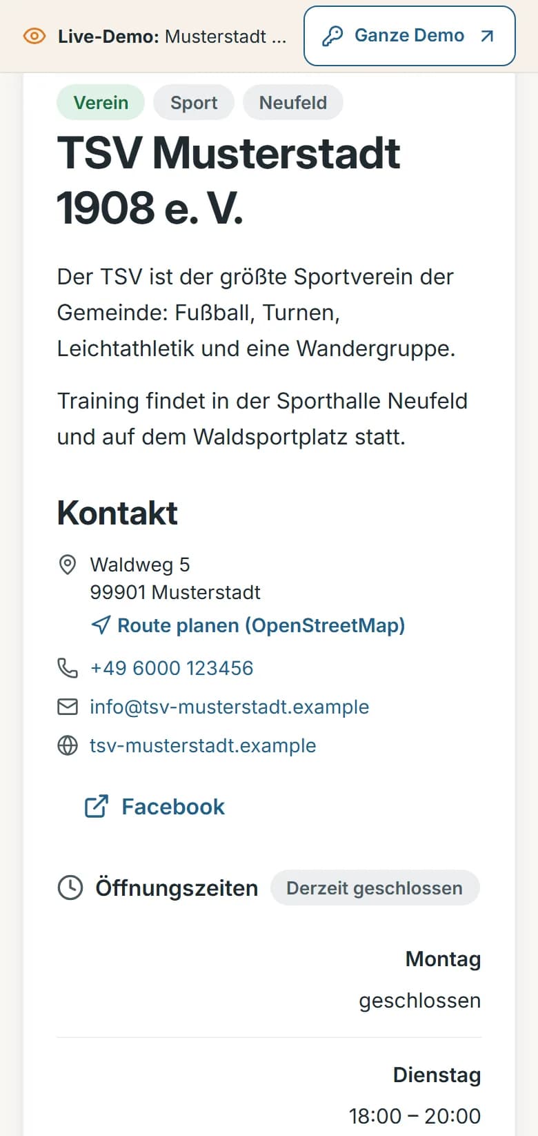 Vereinsprofil des TSV Musterstadt 1908 e. V. in der Demo-Gemeinde Musterstadt: Kennzeichnungen „Verein“, „Sport“ und „Neufeld“, Beschreibung, Kontakt mit Adresse, Telefon, E-Mail und Facebook, Öffnungszeiten der Geschäftsstelle