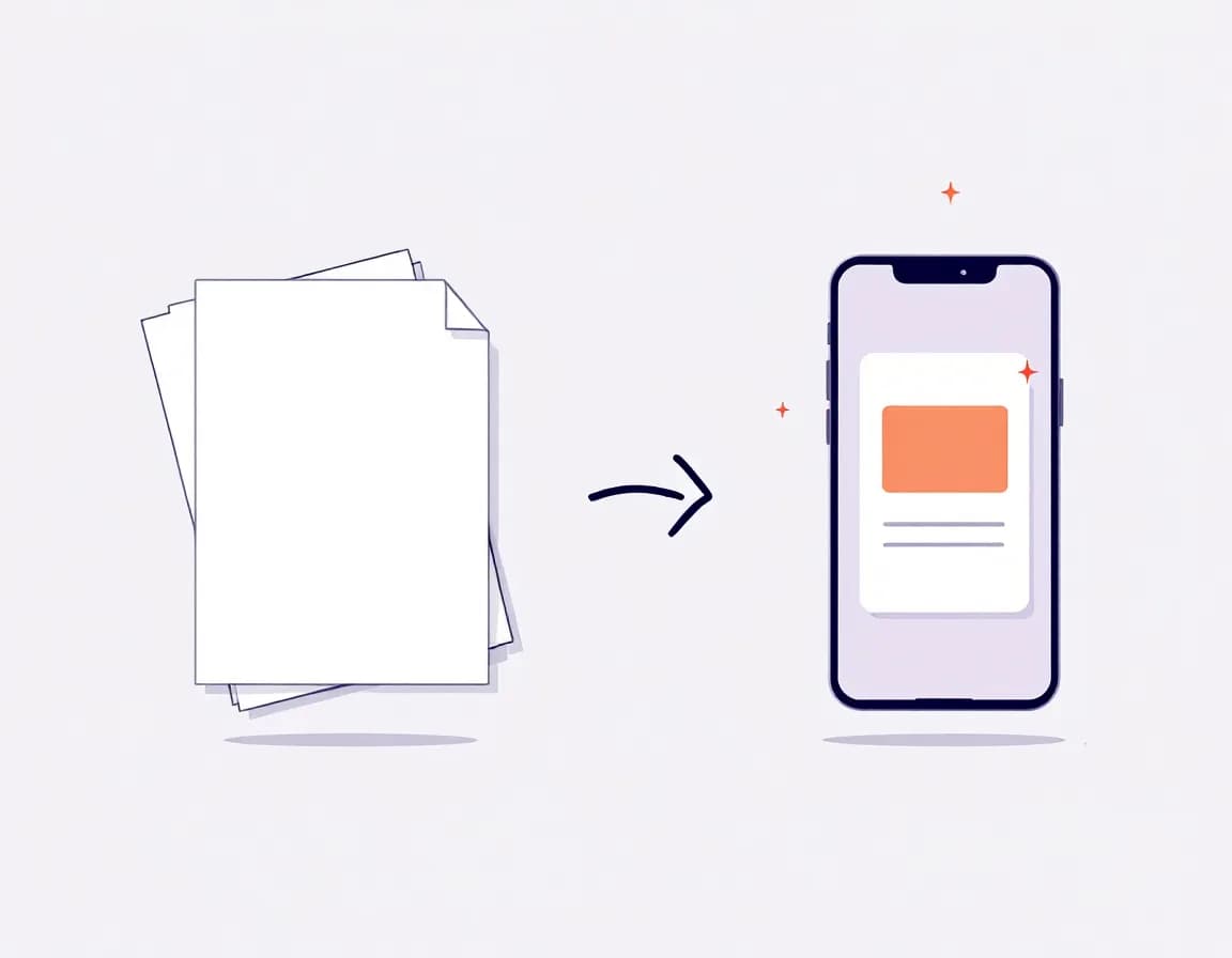 Papierstapel wird zu einer Nachrichtenkarte auf dem Smartphone, Funken als Zeichen für KI-Unterstützung