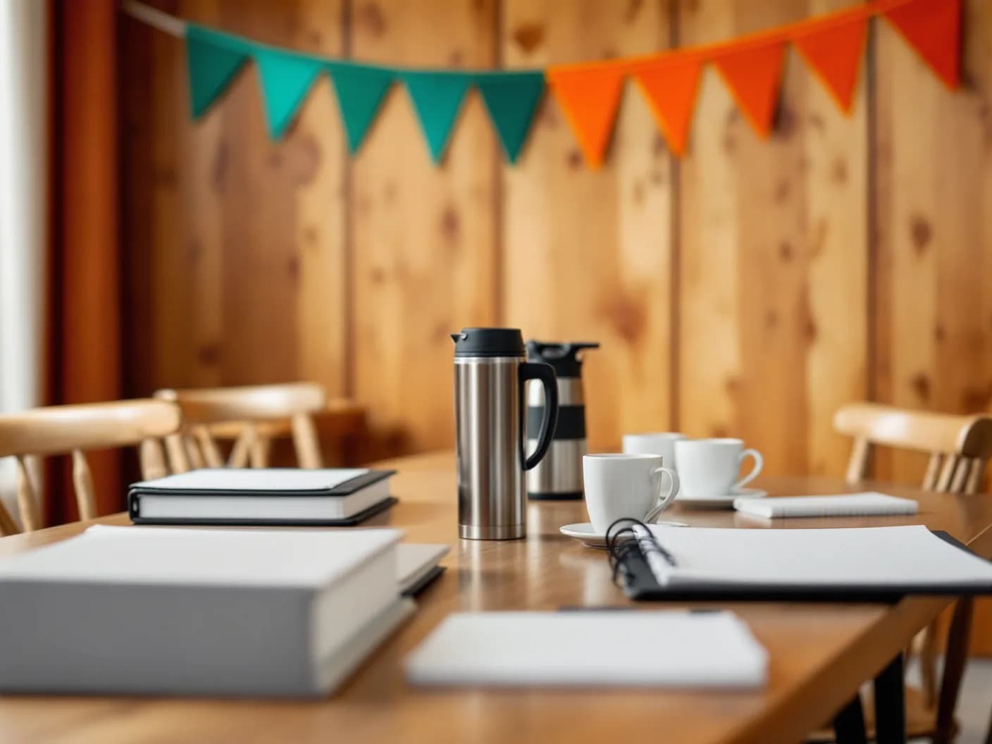 Tisch im Vereinsheim nach der Sitzung mit Ordnern, zugeklapptem Laptop und Kaffeekanne