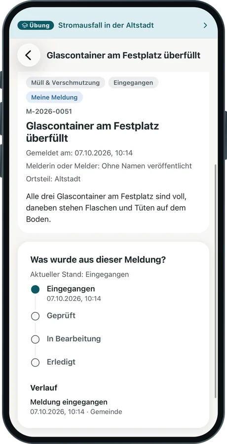 Eine Meldung im Mängelmelder: „Glascontainer am Festplatz überfüllt“ mit Kategorie, Ortsteil, Beschreibung und einer Zeitleiste von „Eingegangen“ bis „Erledigt“.