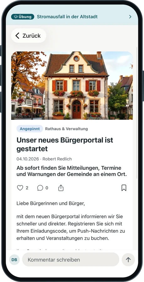 Eine Nachricht der Gemeinde mit Foto des Rathauses, Überschrift „Unser neues Bürgerportal ist gestartet“, Schaltflächen zum Liken und Teilen und einem Feld zum Kommentieren.