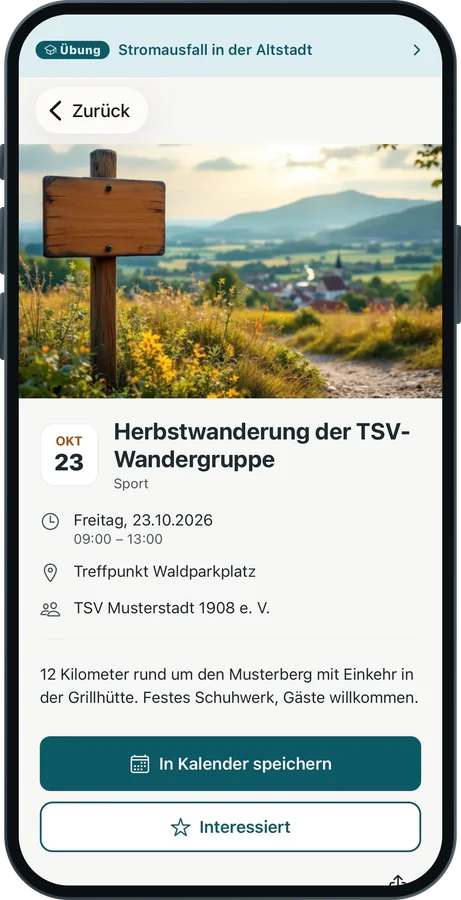 Eine Veranstaltung in der App: „Herbstwanderung der TSV-Wandergruppe“ am 23.10. mit Uhrzeit, Treffpunkt, Verein und den Schaltflächen „In Kalender speichern“ und „Interessiert“.