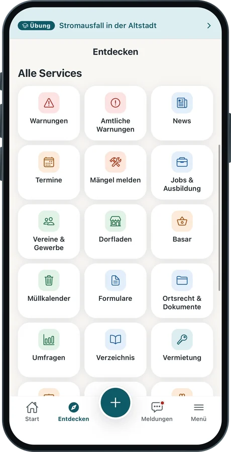 Die Übersicht „Alle Services“ mit Kacheln für Warnungen, News, Termine, Mängel melden, Jobs und Ausbildung, Vereine und Gewerbe, Dorfladen, Basar, Müllkalender, Formulare, Umfragen und Vermietung.