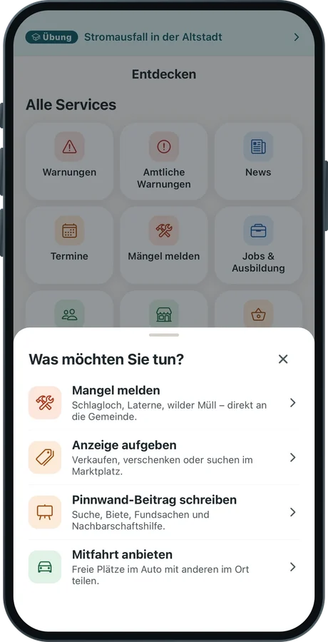 Das Auswahlfenster „Was möchten Sie tun?“ mit den Einträgen Mangel melden, Anzeige aufgeben, Pinnwand-Beitrag schreiben und Mitfahrt anbieten.