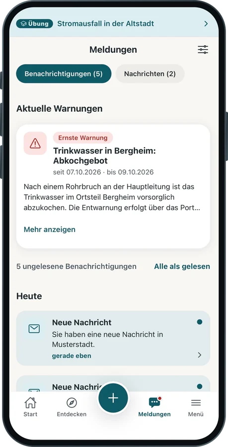 Der Bereich „Meldungen“ mit einer ernsten Warnung „Trinkwasser in Bergheim: Abkochgebot“ und darunter neuen Benachrichtigungen.