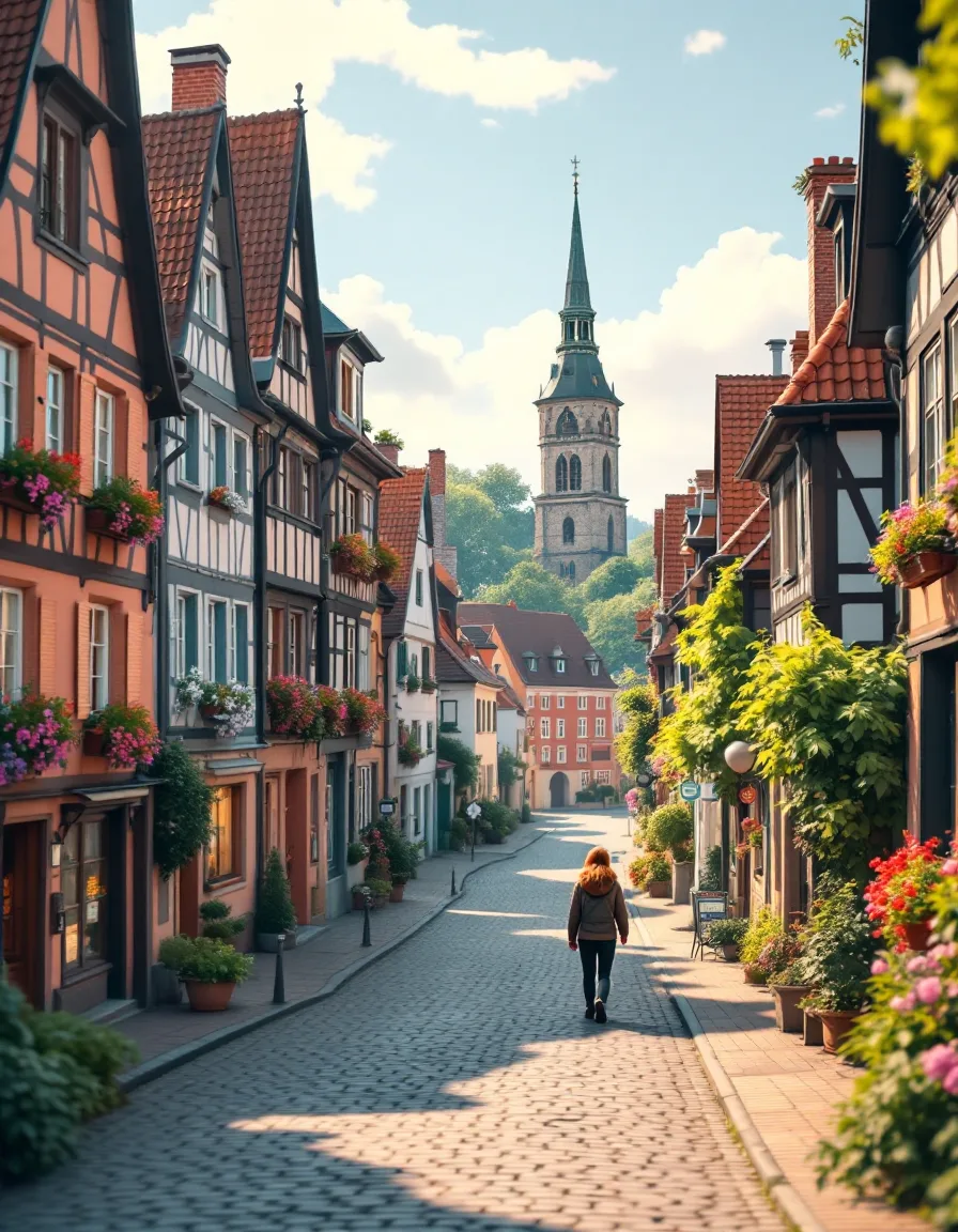 Straße mit Fachwerkhäusern und Blumenkästen, am Ende ein Kirchturm