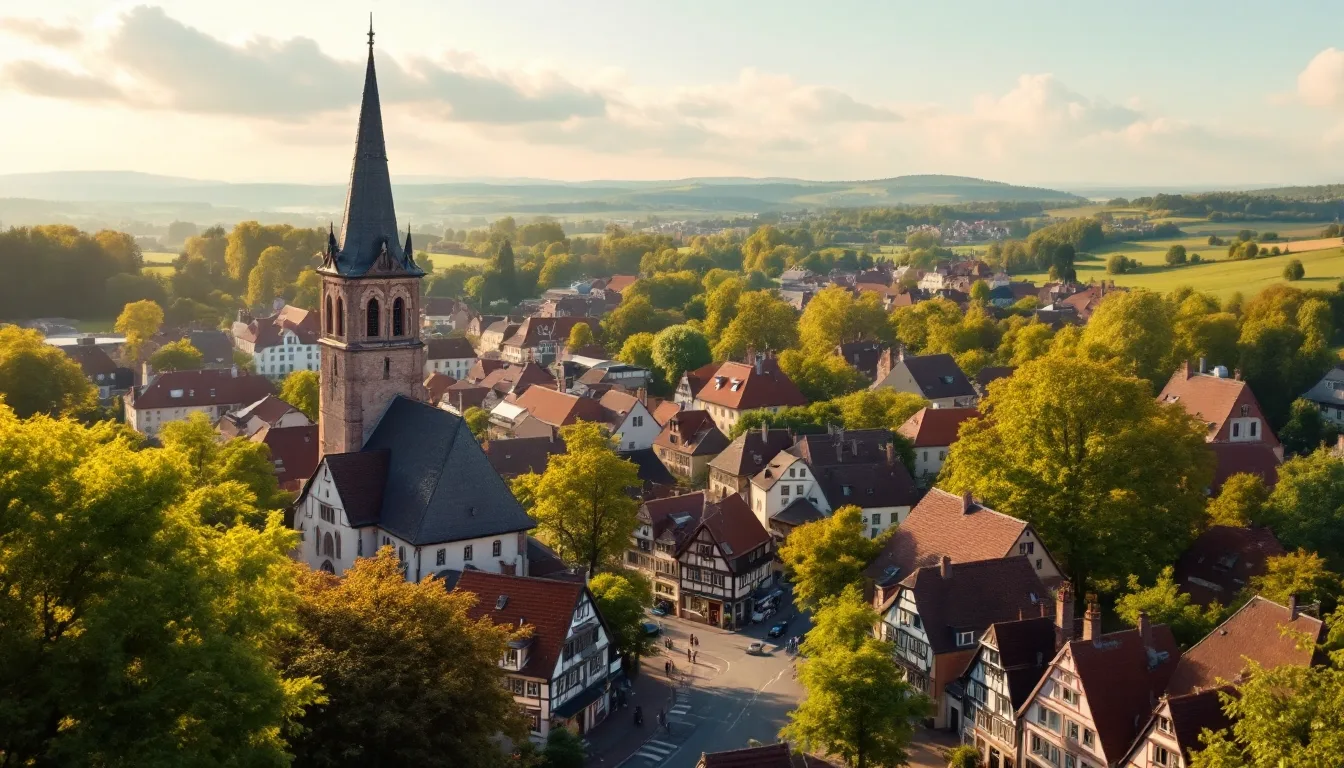 Kleinstadt mit Kirchturm und Fachwerkhäusern vor sanften Hügeln im Nachmittagslicht