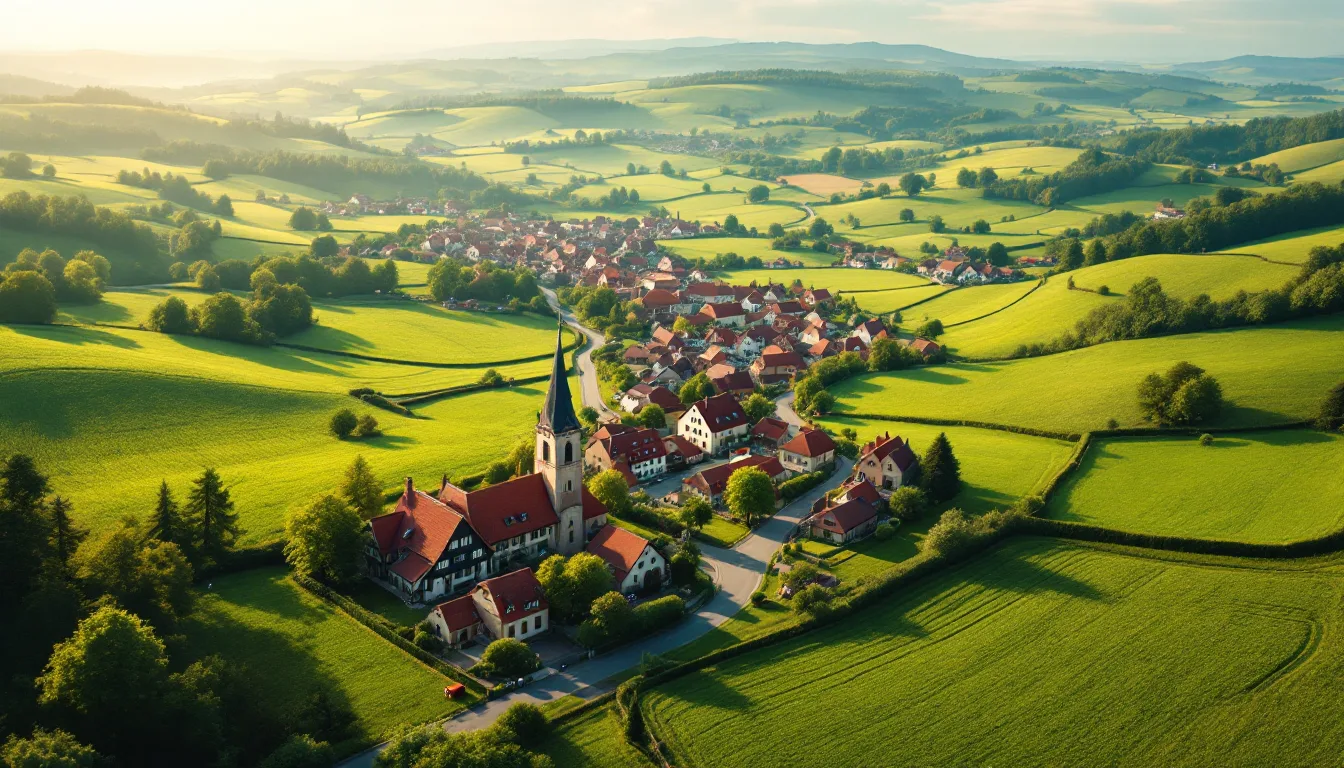 Drei Dörfer mit Kirchtürmen in einer hügeligen Landschaft, verbunden durch Landstraßen